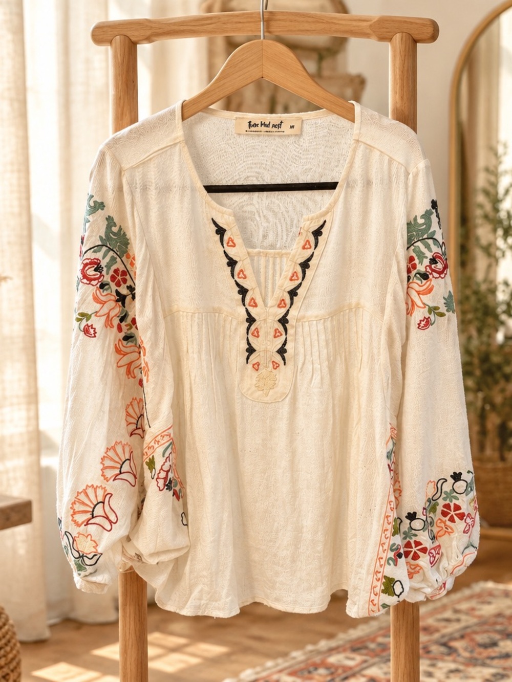 Three Bird Nest Ivory Frida Embroidered Dolman Top Oversized Medium. Rayon. NWOT